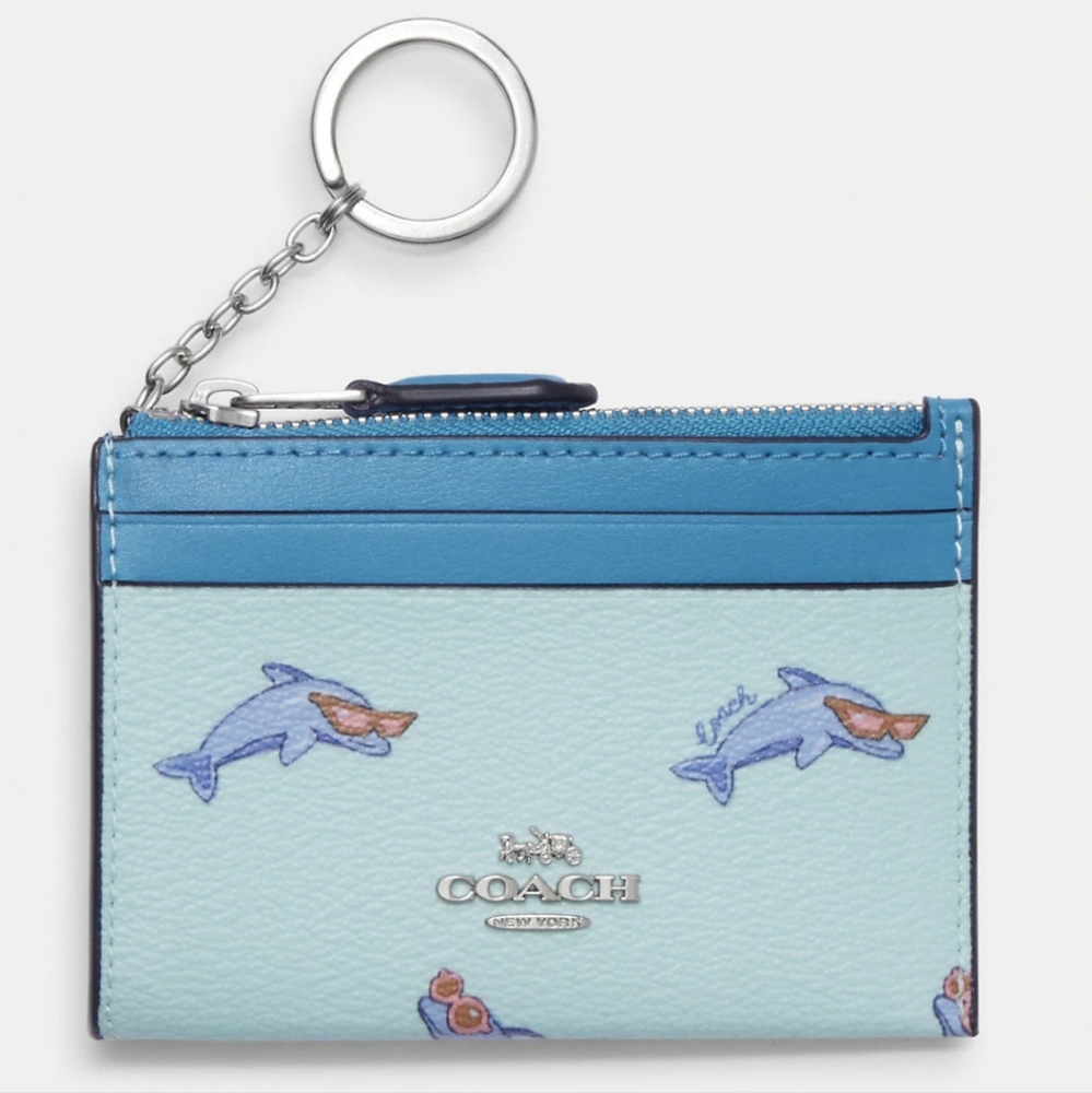 Coach Light Blue and Blue Dolphin Card Case Keychain NWOT